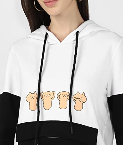 Image of UrbanMark Women Graphic Printed Colorblock Hooded Sweatshirt-White