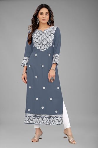 Image of Women's Rayon Embroidered Straight Kurti Under 499 Designer Attractive Look Women's Kurta
