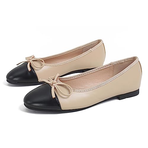 JiangWei Shu Women Bow Knot Ballet Flats Round Toe Slip On Dress Party Shoes, Apricot US 7
