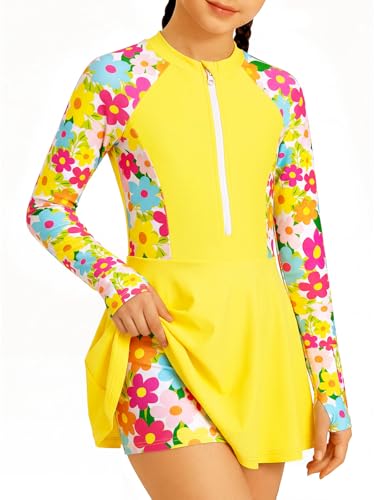 Image of HOZIY Girls Long Sleeve Swimsuit Two Piece Rash Guard Dress with Swim Shorts Front Zip for Kids Tween Teens UPF 50+