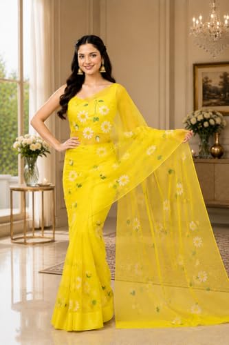 Jogal Women's Yellow Floral Organza Saree - Image 6
