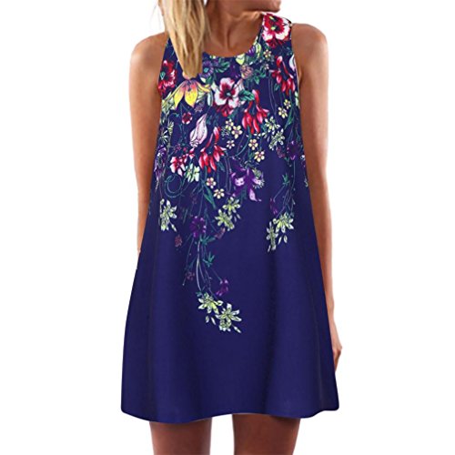 SHOBDW Vestido Corto sin Mangas con Estampado de Playa de Verano sin Mangas de la impresión del Verano Boho de Las Mujeres Boho (L, Armada)