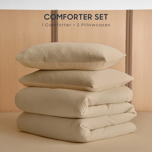 Image of Wake In Cloud - Waffle Cotton Comforter Set, 100% Cotton Fabric Bedding, Waffle Weave Knit Textured Neutral Farmhouse Soft Lightweight, 3 Pieces, Tan, King Size