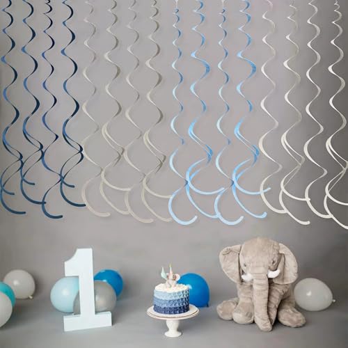 Image of 36 Pcs Dusty Blue Gray Hanging Swirl Decorations Navy Blue Grey Felt Swirl Streamer Spiral Ceiling Garland for Baby Shower Wedding Birthday Engagement Ahoy Achor Nautical Graduation Party Supplies