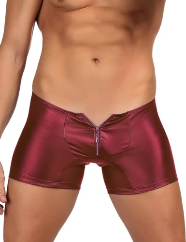 ohyeahlady Latex Boxershorts für Herren Sexy Kunstleder Wetlook Männer Gay Unterwäsche Große Größen Dessous Reizwäsche Hole Elastizität Unterhosen Gummi Shorts Boxer Briefs Rot S