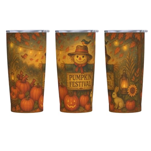 CALMSNUGS Fall Tumbler with Lid and Straw - 20oz Pumpkin Festival Coffee Tumbler Insulated Stainless Steel Mug, Autumn Harvest Scarecrow Cup, Thanksgiving Travel Mug, Fall Gifts for Women