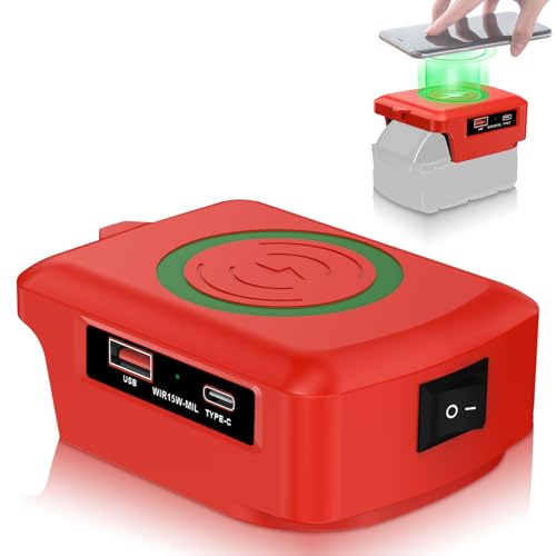 DEWDYS Wireless Charger for Milwaukee 18V M18 Battery 15W Fast Charging Station with USB & TypeC Port Compatible with iPhone Samsung AirPods