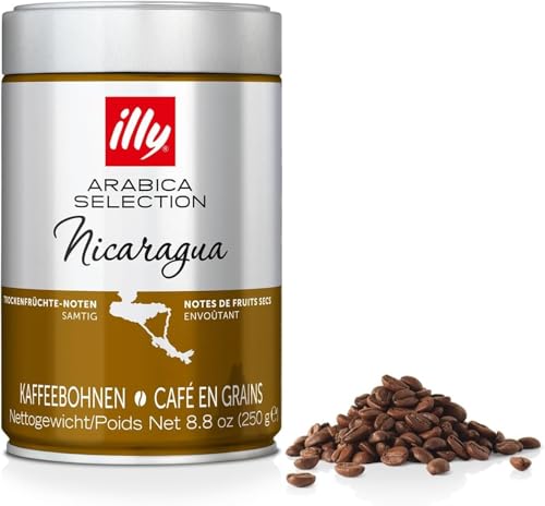Los 10 mejores cafés en grano de Nicaragua illy, Café en Grano Arabica Selection Nicaragua, 100% Arábica con Notas de Frutos Secos, Pan Tostado y Chocolate Negro, Sabor Envolvente, 1 lata de 250g