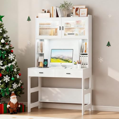 Vlsrka Home Office Desk with Hutch and Drawers, 40' Computer Desk with Storage Shelves and LED Lights, Modern Wooden Writing Study Table with Charging Station for Bedroom, White