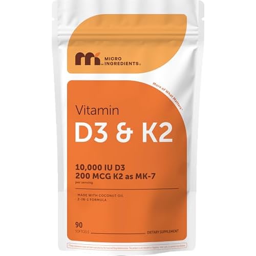 Micro Ingredients Vitamin D3 10,000 IU + K2 MK-7 200 mcg Per Serving, 90 Softgels | Extra Strength* 2-in-1 D3 K2 Supplement | Easy-to-Swallow Softgels