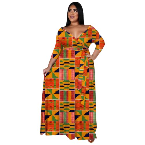 Image of Nmoder Plus Size Maxi Dress for Women - Summer Casual 3 /4 Sleeve Floral Flowy Long Dress with Belt XL- 6XL