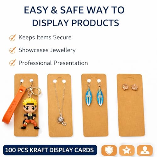 Image of Festiko Kraft Keychain & Jewellery Display Cards 350 GSM Thick (5.9 x 2 Inch) with Hanging Hole | Necklace, Earrings, Keyring Packaging Cards for Small Business (Brown, Pack of 100)