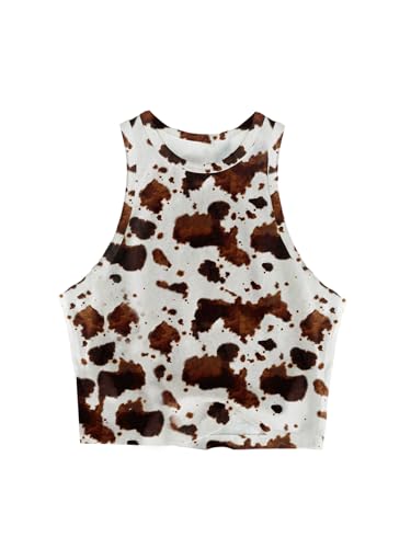 Women's Cow Print Tank Top Sleeveless Crewneck Fitted Crop Tops Summer Cowgirl Vest