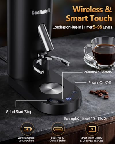 Image of COOL KNIGHT Rechargeable Conical Burr Coffee Grinder, 60 Grind Settings & 5-98 Level Timer, Espresso Grinder with Bellows Hopper and Portafilter Holder, Easy to Clean