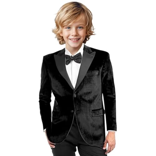 Boys Velvet Suit Blazer Two Button Slim Fit Formal Sports Coats Tuxedo Jacket for Kids Wedding with Bow Tie