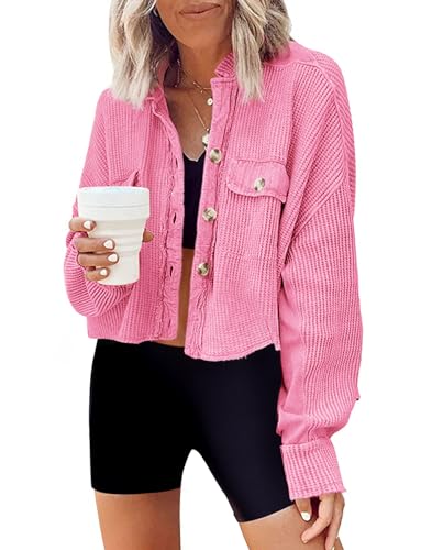 Image of Panadila Women's Cropped Waffle Knit Shacket Short Button Down Jacket Batwing Sleeve Shirts with Pocket