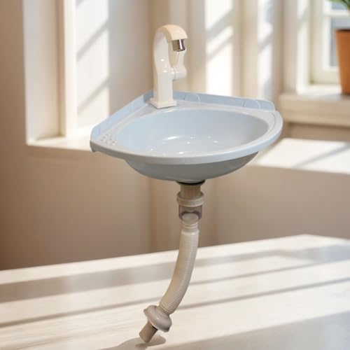 Plastic Washbasin in Wall Fixing, Corner Sink, Temporary Sink, with Faucet and Drain for Compact bathrooms, Utility Rooms, garages, or Outdoor.White, Size: 27.5x27.5x10cm