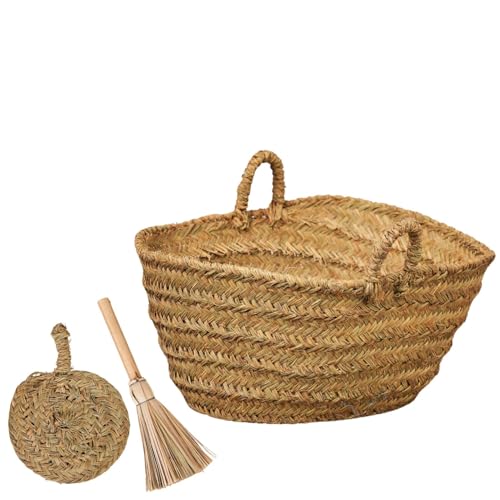 Cesteria Aparici - Leñero de esparto ovalado tamaño grande 5 tiras: 70cm x 40cm x 32cm. REGALO: escobilla y aventador Capazo esparto 7109-5, cesto para la leña o decoración. Producto Artesanal