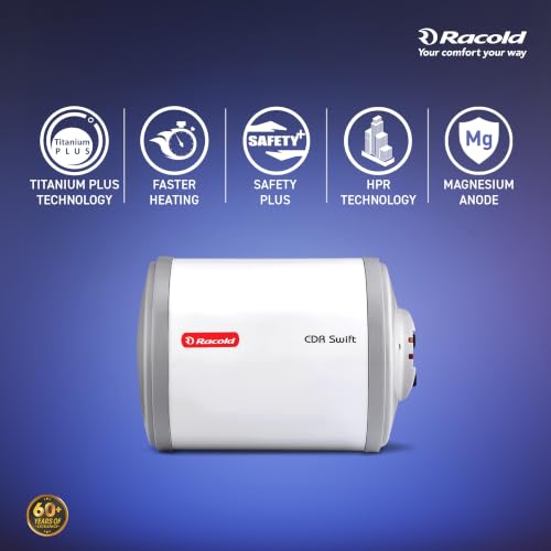 Image of Racold CDR Swift 6 Litre 3kW Storage Water Heater | 33% Faster Heating than other 2kW Geysers | Energy Efficient Horizontal Geyser | Titanium Coating on Tank | Free Standard Installation & Pipes