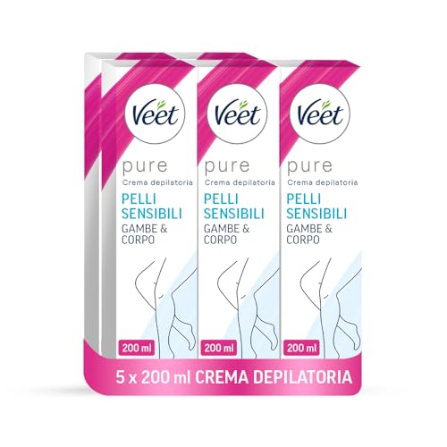 x5 Veet Crema Depilatoria Pure Pelli Sensibili, per Gambe, Braccia, Ascelle e Zona Bikini, 200 ml, 5 Confezioni, Maxi formato