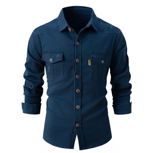 Image of Lu's Chic Men's Shirt Jacket Soft Trucker Long Sleeve Cotton Shacket Fall Classic Button Casual Western