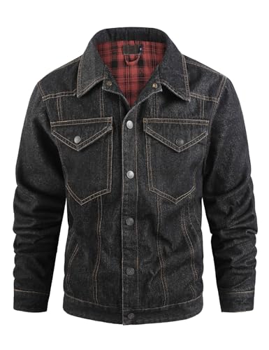 Flygo Mens Flannel Lined Denim Jacket Snap Cowboy Cut Western Classic Slim Fit Vintage Heavy Duty Jacket Trucker Coat