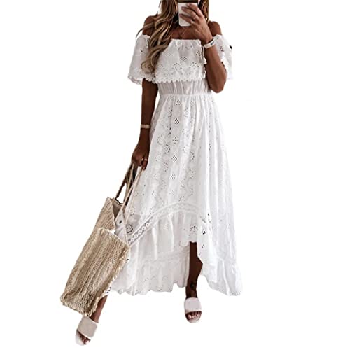 Leige Hollow Out Lace Slash Neck Women Holiday Dress Elegant Off Shoulder Maxi Dress Summer Long Dress Ladies Clothing For Vacation (Color : White, Size : S Code) #TOP30