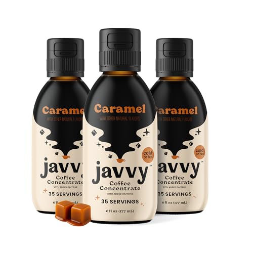 Image of Javvy Cold Brew Coffee Concentrate Instant Coffee, Caramel, 3 Pack | 100% Real Coffee, 0g Sugar, No Artificial Flavors, 60-80mg Caffeine per Serving, Gluten Free, Makes Hot or Iced Coffee