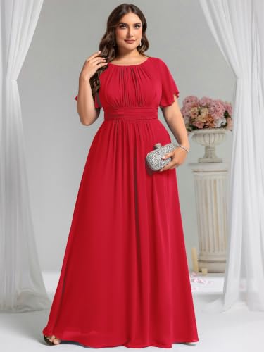 Image of Ever-Pretty Plus Elegant Formal Dresses for Curvy Women Round Neck Short Sleeves Chiffon Bridesmaid Mother of The Bride Dress