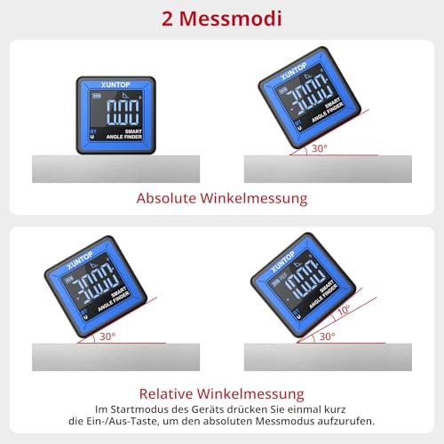 XUNTOP Digitaler Winkelmesser Drahtlose Übertragung Neigungsmesser 0.05° Datenspeicherung Type-C SchnittstelleIP54 für Holzarbeiten, Bau, Dekoration, DIY