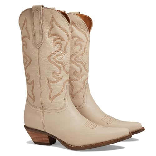 Image of LEHOOR Cowboy Boots Women Embroidered Mid Calf Western Boots Stacked Low Heel Pointed Toe Pull On Cowgirl Boot 4-11 M US