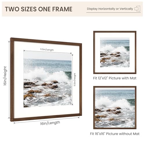 Image of FLYJOE 16x16 Oak Wood Square Picture Frame with Mat for 12x12, 16 by 16 USA-Sourced Natural Solid Wooden Photo Frame for Wall Display, Tempered Glass, Hanging Hardware Included, 1 Pack, Walnut Color
