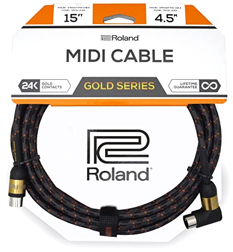 Roland Black Instrument Cable, Angled Straight 1 4-Inch Jack, MIDI, Gold Series, 5 feet (RMIDI-G5A)