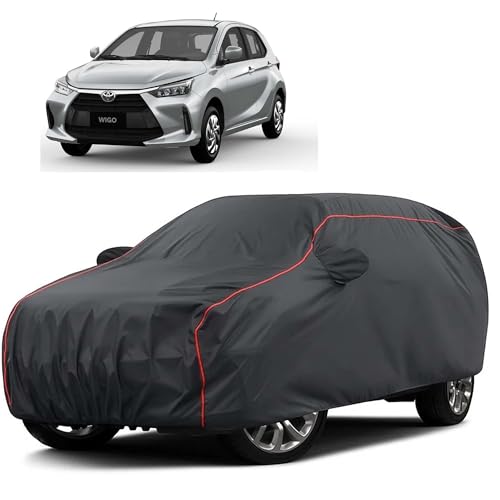 Image of Sulfar 100% Water Resistant Car Body Cover Compatible with Mirror for Toyota Wigo (Triple Stitched, Full Bottom Elastic, Dark Grey Taffeta with Red Piping)