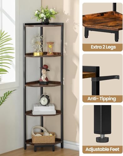 Corner Shelf Stand, Corner Bookshelf, Storage Standing Shelf Unit with Metal Frame, Plant Stand, Bookcase for Living Room, Home Office, Bedroom, 5-Tier Rustic Brown CS05901B - Image 6
