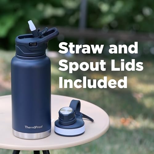 Image of ThermoProof Double-Walled Vacuum Insulated Stainless Steel Water Bottle - Wide Mouth Canteen, Spout & Straw Lids, Dishwasher Safe, Reusable, Leakproof, Hot & Cold for Men, Women & Kids - 32oz, Taupe