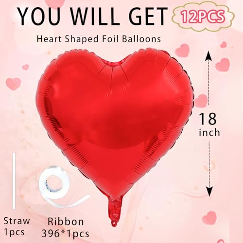 Image of Red Heart Ballloons,18 Inch Bright R Foil Love Heart Shaped Balloons 12Pcs Red love balloon for Anniversary Wedding Birthday Party Baby Shower Valentines Day Decorations(12Pcs)