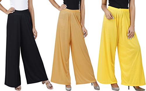 Image of Buy That Trendz M to 4XL Cotton Viscose Loose Fit Flared Wide Leg Palazzo Pants for Women Black Dark Skin Yellow Combo Pack of 3