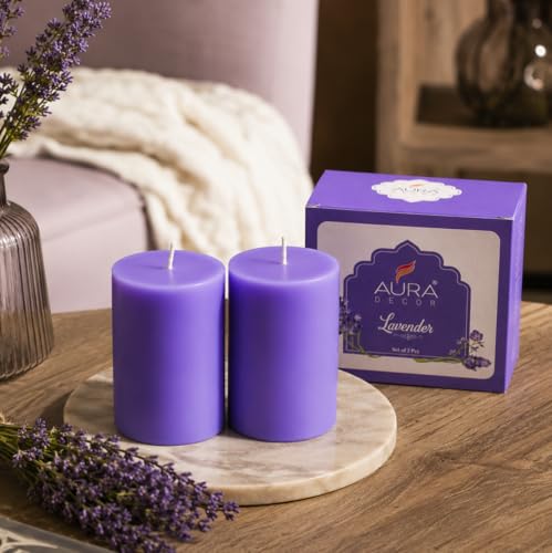 Image of AuraDecor Lavender Scented Pillar Candles Set of 2 | 25 Hours Burn Time | Essential Oil | Smokeless & Long Clear Burn | Paraffin Wax | Aromatherapy Candles for Home Decor, Relaxation & Gifting
