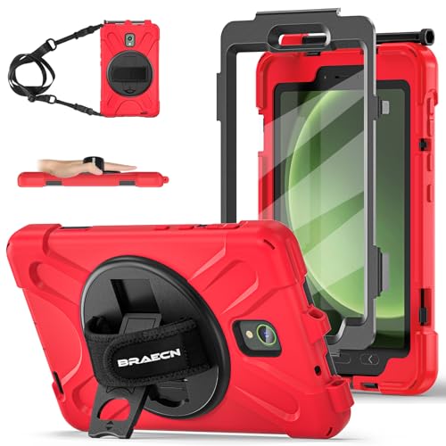 BRAECN Funda para Samsung Galaxy Tab Active 5/Tab Active 3 8 Pulgadas SM-X300/X306B/T570/T575, Carcasa Rugosa con Protector de Pantalla, Soporte de Rotación de 360°, Correa de Mano/Hombro, Rojo