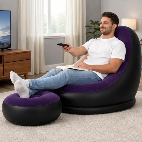 Image of Inflatable Lounge Chair for Adults with Ottoman, Foldable Air Sofa Couch, Portable Blow Up Chair for Living Room Bedroom, Comfortable Indoor Seating, 150 kg Capacity (Purple)