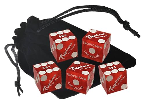 Set of 5 Authentic Las Vegas Casino Table-Played 19mm Craps Dice with Matching Serial Numbers - Tropicana (Red Frosted)