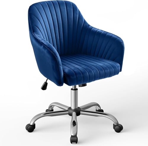 Image of AZAKEE Velvet Office Chair with Wheels & Armrests - Mid-Back Swivel Desk Chair for Home Office, Study, Bedroom & Vanity - Adjustable Height, Comfortable & Stylish (Blue)