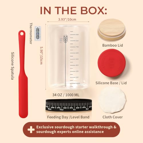 Image of Sourdough Starter Jar Kit,34oz Large Wide Mouth Sour Dough Jar Glass | Sourdough Bread Baking Supplies, Sourdough Tools for Beginners and Pro, Dishwasher-Safe, Borosilicate Glass, 1 Pack