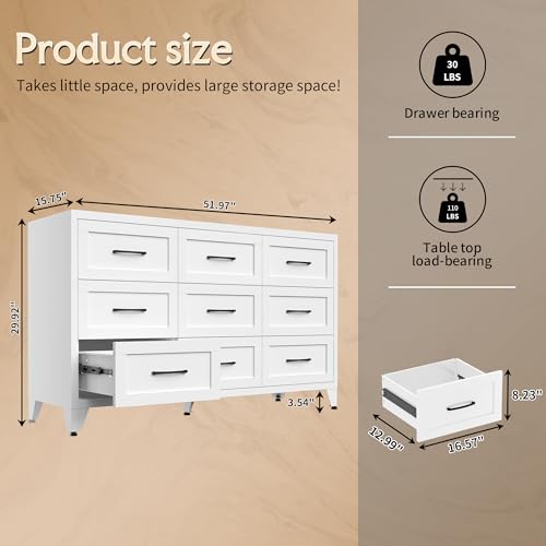 Image of Dresser for Bedroom, Chest of Drawers, 9 Drawers Metal Dresser with Anti-Tipping Device, White Closet Dresser for Living Room, Entryway, Hallway