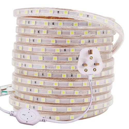 GQL 10m LED Strips Lights White, 220V- 240V Ribbon SMD 5050 60leds/m Rope Lighting, IP65 Waterproof, No Self Adhesive, DIY Home Kitchen Bar Decking Holiday Christmas Indoor Decoration