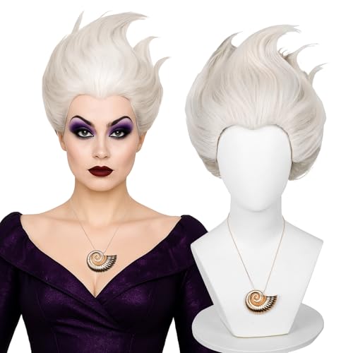 Probeauty Short Grey White Wig for Women Silver Layered Sea Witch Cosplay Wigs with Shell Necklace for Halloween Costume Party + Wig Cap