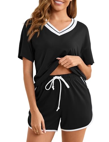 Becotal Schlafanzug Damen Kurz Baumwolle Kontrastfarbe Pyjama Set Sommer Shorty Nachtwäsche V-Ausschnitt Top und Short, S-XXL Schwarz L