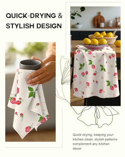 Image of Miss Adola 150GSM Flour Sack Kitchen Towels Set of 2, Strawberry | 18 inchx26 inch, Lightweight, Lint-Free, Pure Cotton, Decorative, with Hanging Loop, Absorbent, Softer after Wash, Giftable Package
