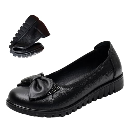 Women's Black Leather Wedge Dress Pumps,Comfort Cute Knot Bow Rhinestones Round Closed Toe Slip On Low Casual Shoes